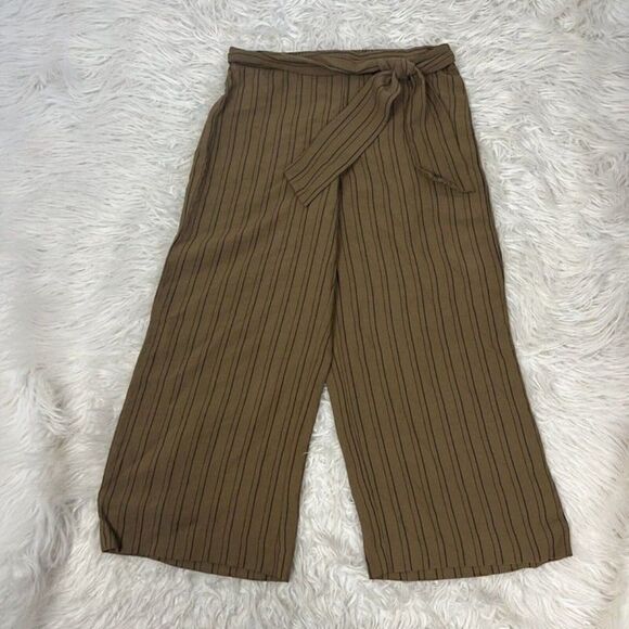 Calvin Klein Linen Brown Pinstriped Elastic Waist Tie Wide Leg Cropped Pants 6 - Picture 1 of 12